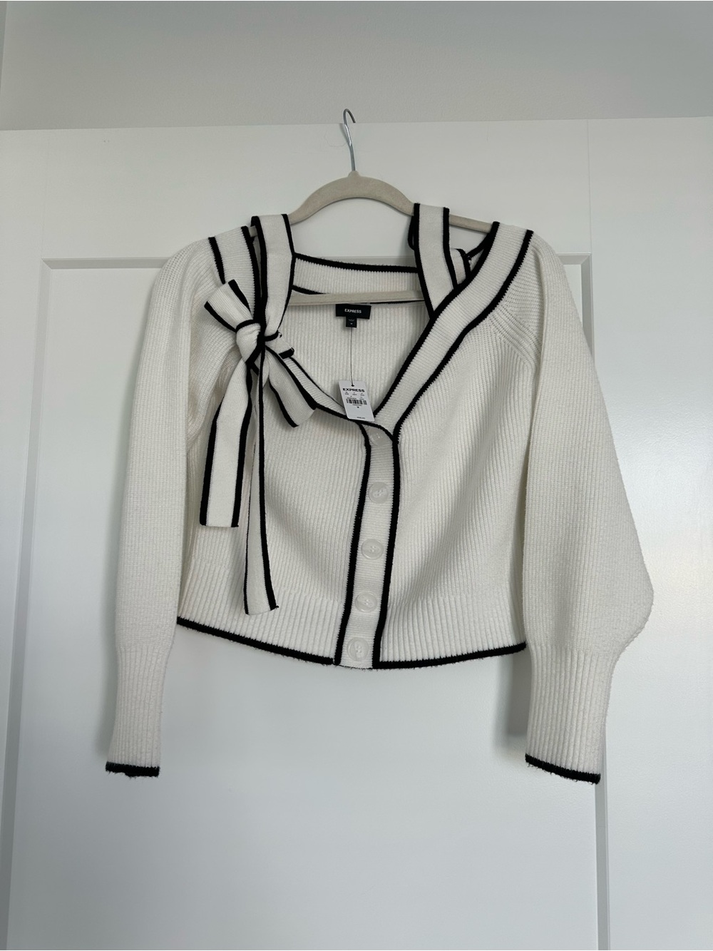 Express Off Shoulder White Knit Cardigan with Black Trim